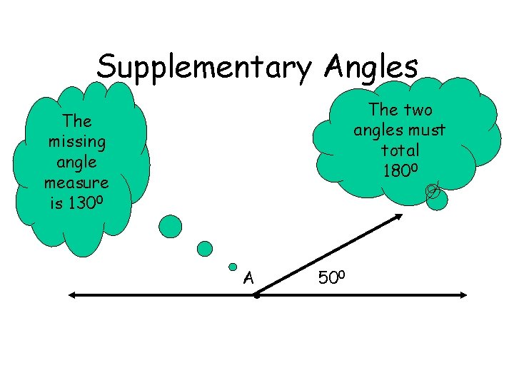 Supplementary Angles The two angles must total 1800 The missing angle measure is 1300
