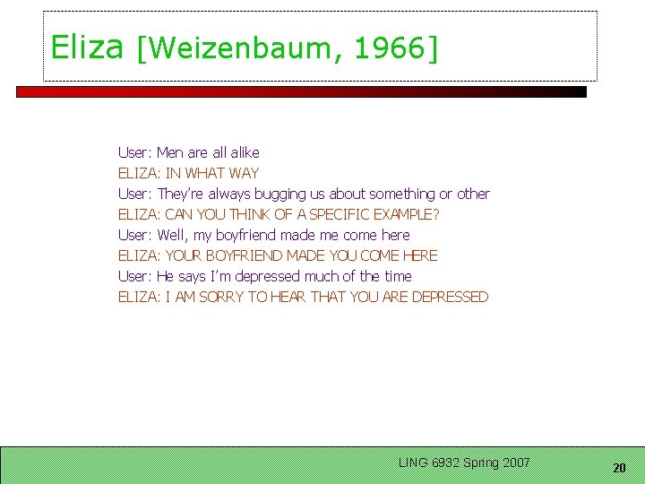 Eliza [Weizenbaum, 1966] User: Men are all alike ELIZA: IN WHAT WAY User: They’re