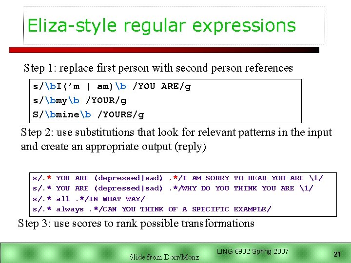 Eliza-style regular expressions Step 1: replace first person with second person references s/b. I(’m