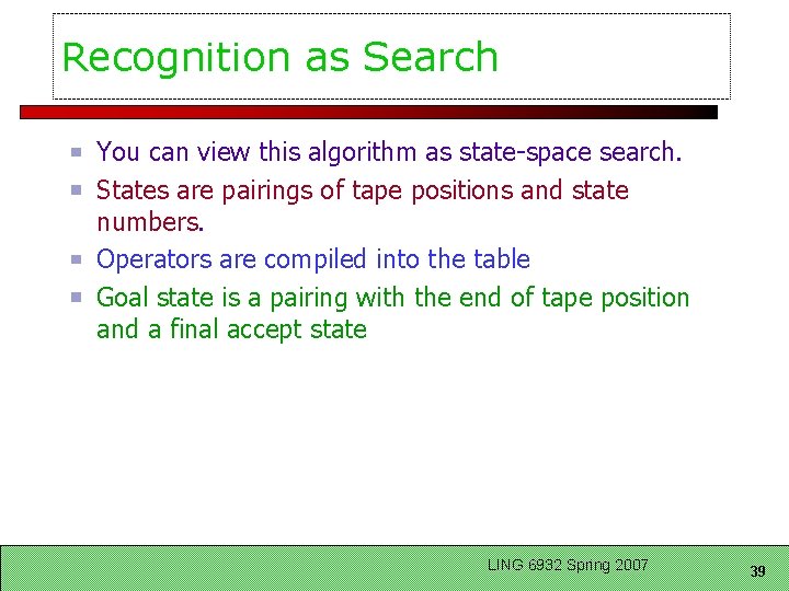 Recognition as Search You can view this algorithm as state-space search. States are pairings