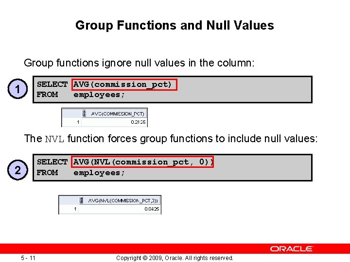 Group Functions and Null Values Group functions ignore null values in the column: SELECT