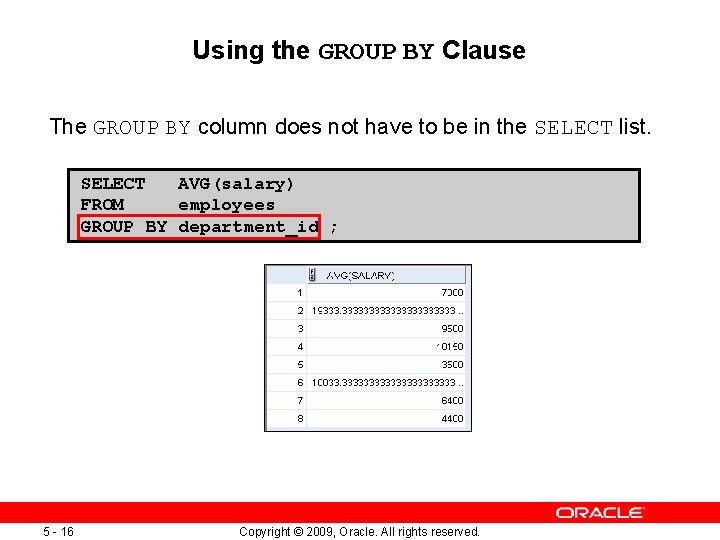 Using the GROUP BY Clause The GROUP BY column does not have to be
