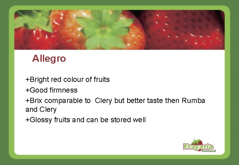 Allegro +Bright red colour of fruits +Good firmness +Brix comparable to Clery but better