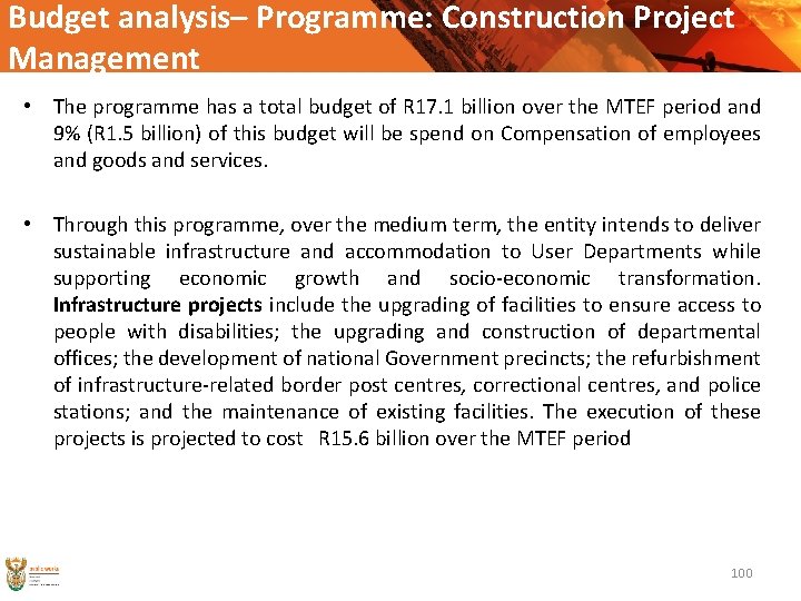 Budget analysis– Programme: Construction Project Management • The programme has a total budget of