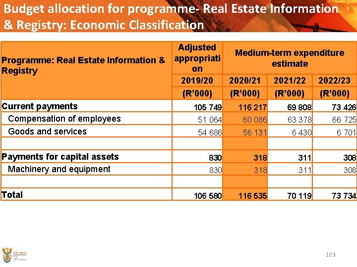 Budget allocation for programme- Real Estate Information & Registry: Economic Classification Adjusted Medium-term expenditure