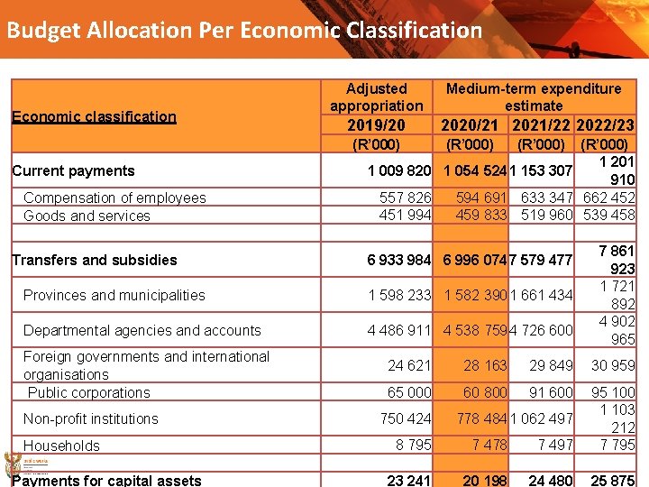 Budget Allocation Per Economic Classification Economic classification Adjusted appropriation Medium-term expenditure estimate 2019/20 2020/21