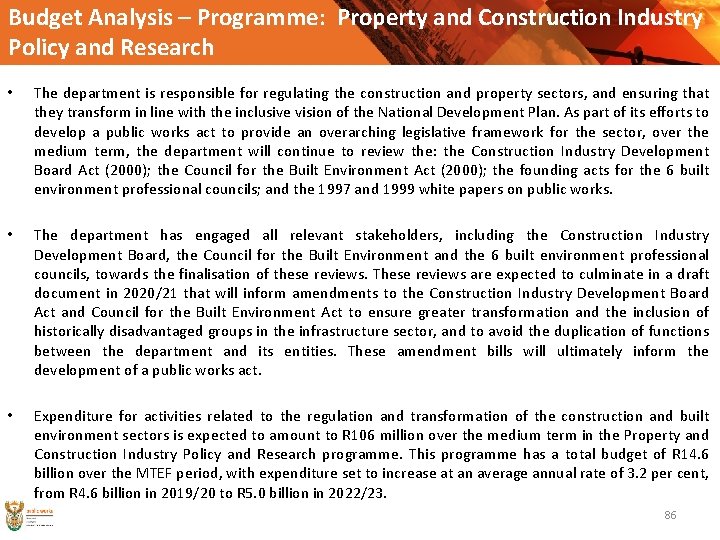 Budget Analysis – Programme: Property and Construction Industry Policy and Research • The department