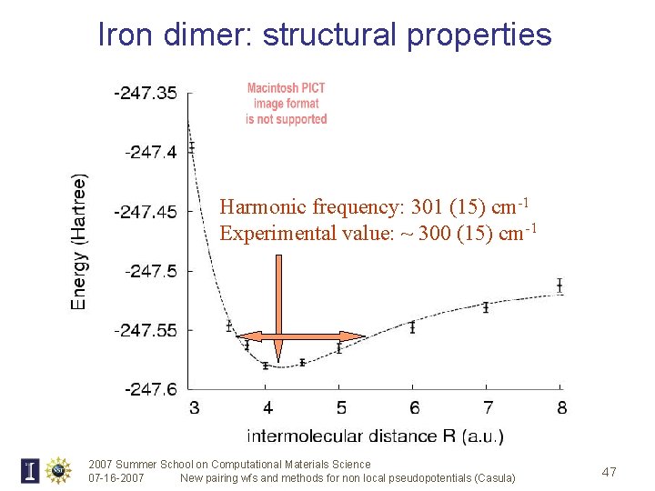 Iron dimer: structural properties LRDMC Harmonicequilibrium frequency: distance: 301 (15) 3. 818(11) cm-1 Experimentalvalue: