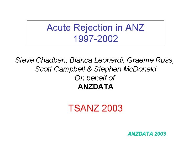 Acute Rejection in ANZ 1997 -2002 Steve Chadban, Bianca Leonardi, Graeme Russ, Scott Campbell