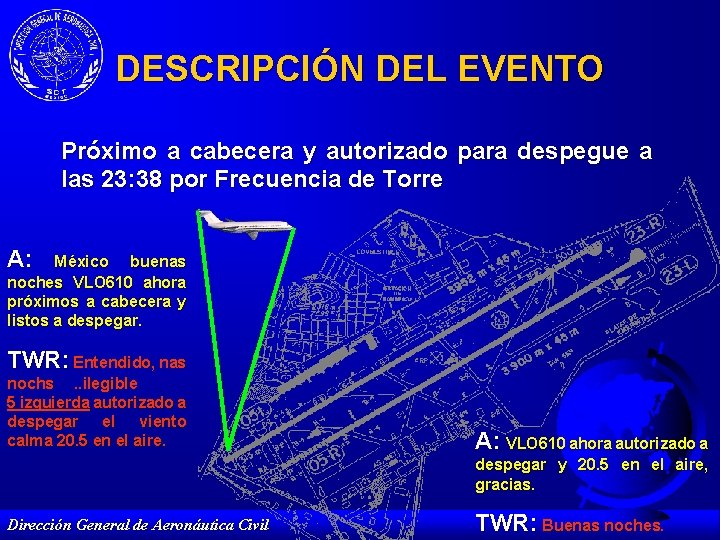 DESCRIPCIÓN DEL EVENTO Próximo a cabecera y autorizado para despegue a las 23: 38