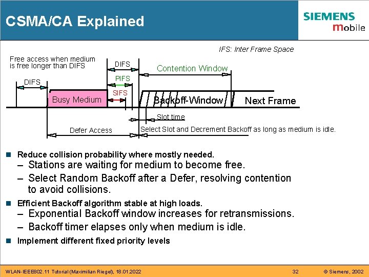 CSMA/CA Explained IFS: Inter Frame Space Free access when medium is free longer than CSMA/CA Explained IFS: Inter Frame Space Free access when medium is free longer than