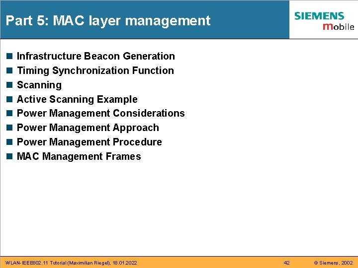Part 5: MAC layer management n n n n Infrastructure Beacon Generation Timing Synchronization Part 5: MAC layer management n n n n Infrastructure Beacon Generation Timing Synchronization