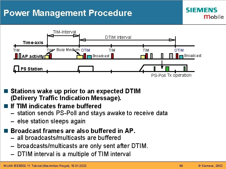 Power Management Procedure TIM-Interval DTIM interval Time-axis TIM Busy Medium DTIM AP activity TIM Power Management Procedure TIM-Interval DTIM interval Time-axis TIM Busy Medium DTIM AP activity TIM