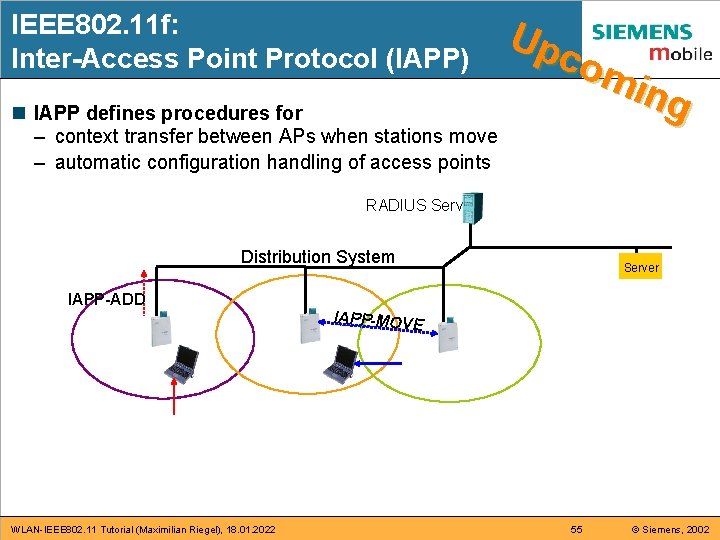 IEEE 802. 11 f: Inter-Access Point Protocol (IAPP) n IAPP defines procedures for – IEEE 802. 11 f: Inter-Access Point Protocol (IAPP) n IAPP defines procedures for –