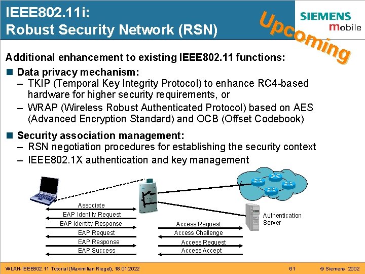 IEEE 802. 11 i: Robust Security Network (RSN) Up com ing Additional enhancement to IEEE 802. 11 i: Robust Security Network (RSN) Up com ing Additional enhancement to