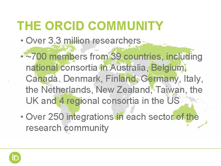 THE ORCID COMMUNITY • Over 3. 3 million researchers • ~700 members from 39