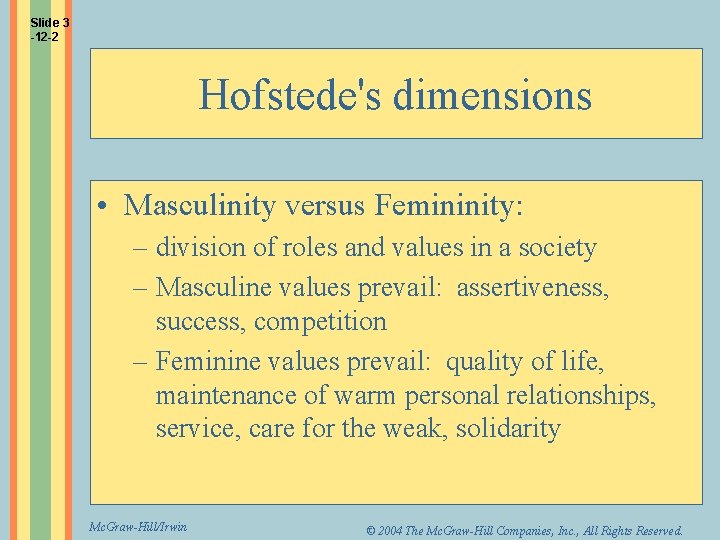 Slide 3 -12 -2 Hofstede's dimensions • Masculinity versus Femininity: – division of roles