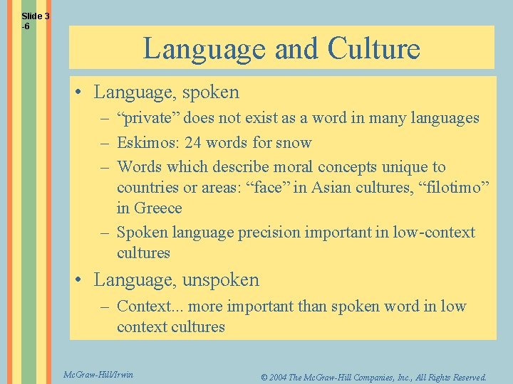 Slide 3 -6 Language and Culture • Language, spoken – “private” does not exist