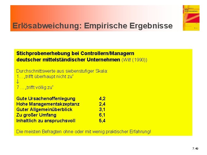 Erlösabweichung: Empirische Ergebnisse Stichprobenerhebung bei Controllern/Managern deutscher mittelständischer Unternehmen (Witt (1990)) Durchschnittswerte aus siebenstufiger