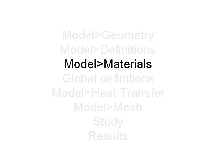 Model>Geometry Model>Definitions Model>Materials Global definitions Model>Heat Transfer Model>Mesh Study Results 