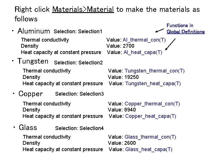 Right click Materials>Material to make the materials as follows Functions in Global Definitions ・