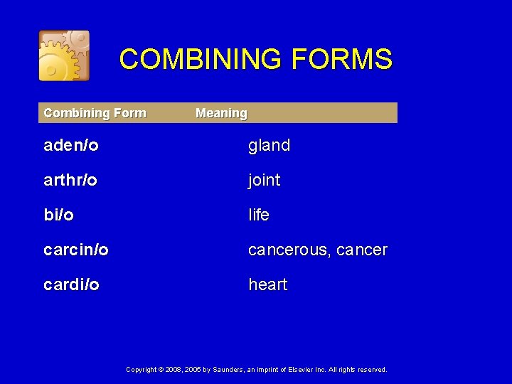 COMBINING FORMS Combining Form Meaning aden/o gland arthr/o joint bi/o life carcin/o cancerous, cancer