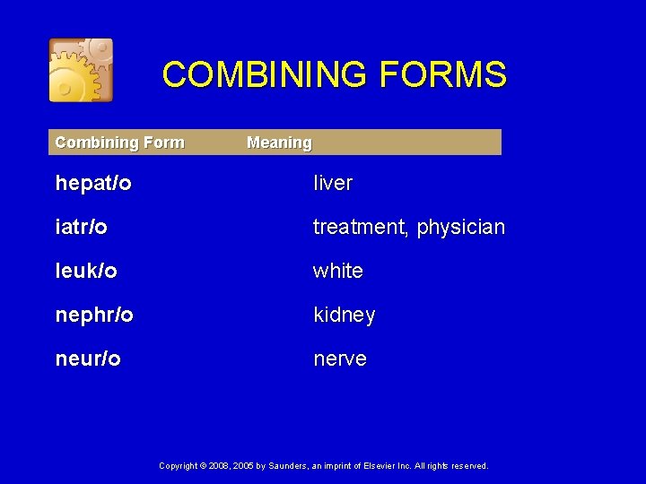 COMBINING FORMS Combining Form Meaning hepat/o liver iatr/o treatment, physician leuk/o white nephr/o kidney