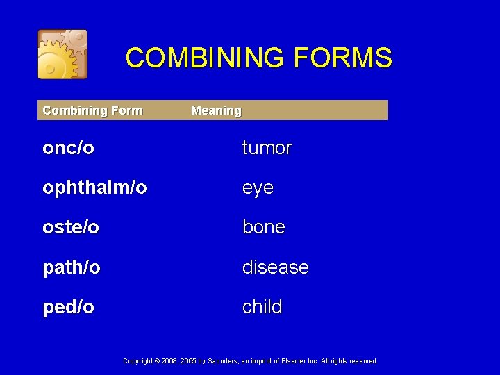 COMBINING FORMS Combining Form Meaning onc/o tumor ophthalm/o eye oste/o bone path/o disease ped/o