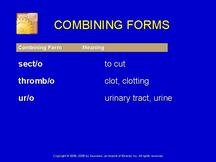 COMBINING FORMS Combining Form Meaning sect/o to cut thromb/o clot, clotting ur/o urinary tract,