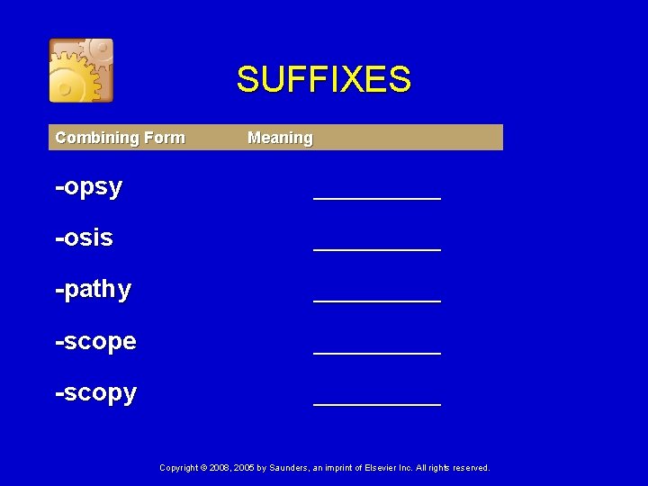 SUFFIXES Combining Form Meaning -opsy _____ -osis _____ -pathy _____ -scope _____ -scopy _____