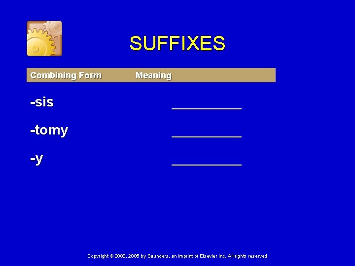 SUFFIXES Combining Form Meaning -sis _____ -tomy _____ -y _____ Copyright © 2008, 2005