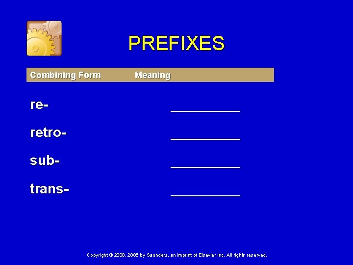 PREFIXES Combining Form Meaning re- _____ retro- _____ sub- _____ trans- _____ Copyright ©