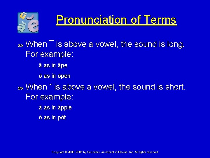 Pronunciation of Terms When ¯ is above a vowel, the sound is long. For