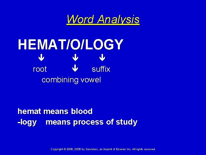 Word Analysis HEMAT/O/LOGY root suffix combining vowel hemat means blood -logy means process of