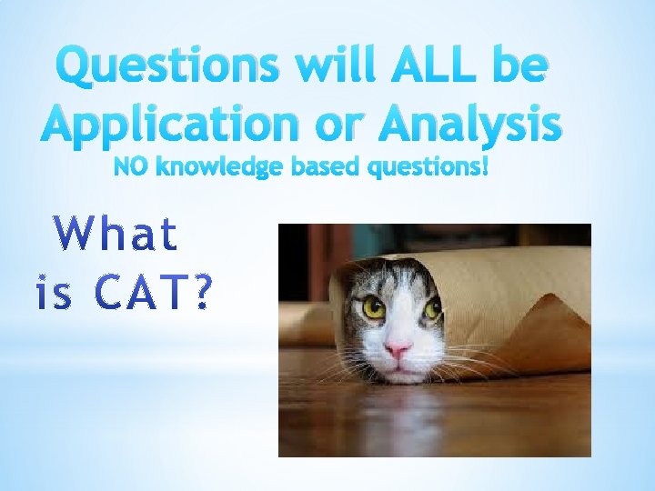 Questions will ALL be Application or Analysis NO knowledge based questions! 