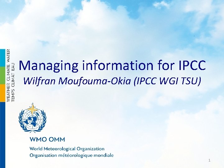 Managing information for IPCC Wilfran Moufouma-Okia (IPCC WGI TSU) 1 