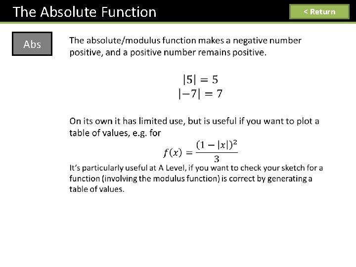 The Absolute Function Abs < Return 