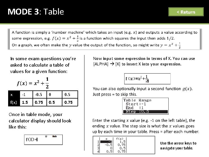 MODE 3: Table < Return In some exam questions you’re asked to calculate a