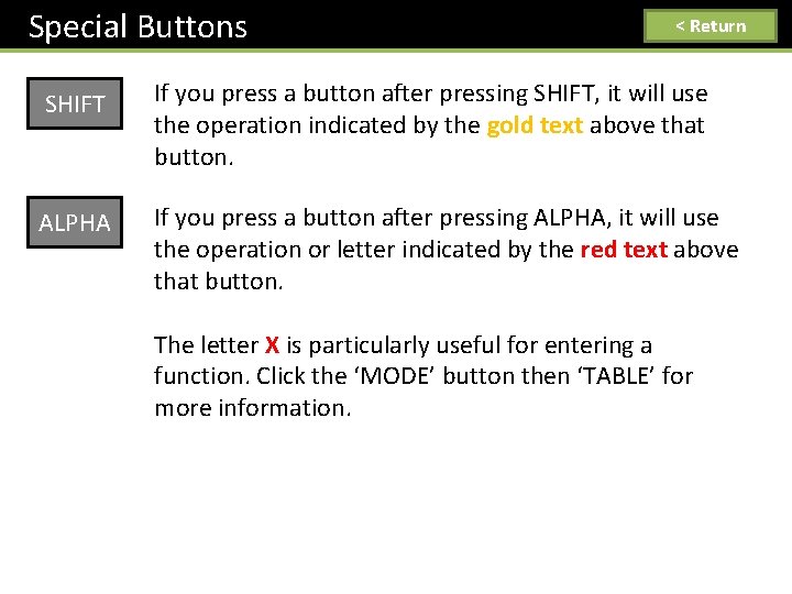 Special Buttons < Return SHIFT If you press a button after pressing SHIFT, it