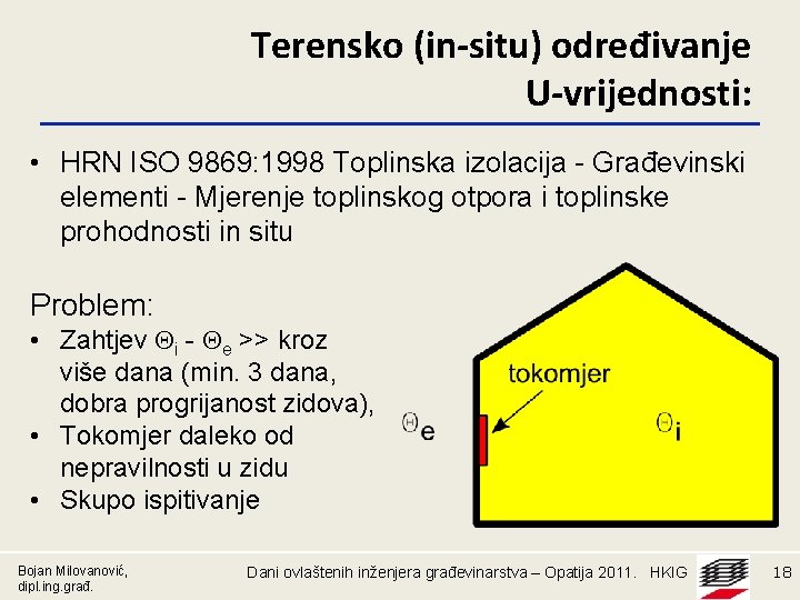 Terensko (in-situ) određivanje U-vrijednosti: • HRN ISO 9869: 1998 Toplinska izolacija - Građevinski elementi