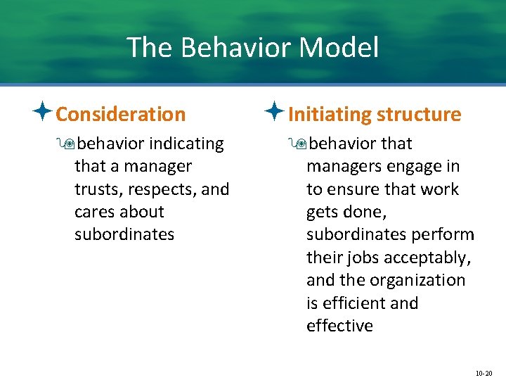 The Behavior Model ªConsideration 9 behavior indicating that a manager trusts, respects, and cares