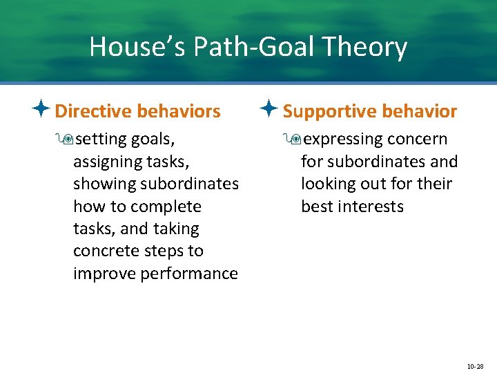 House’s Path-Goal Theory ª Directive behaviors 9 setting goals, assigning tasks, showing subordinates how