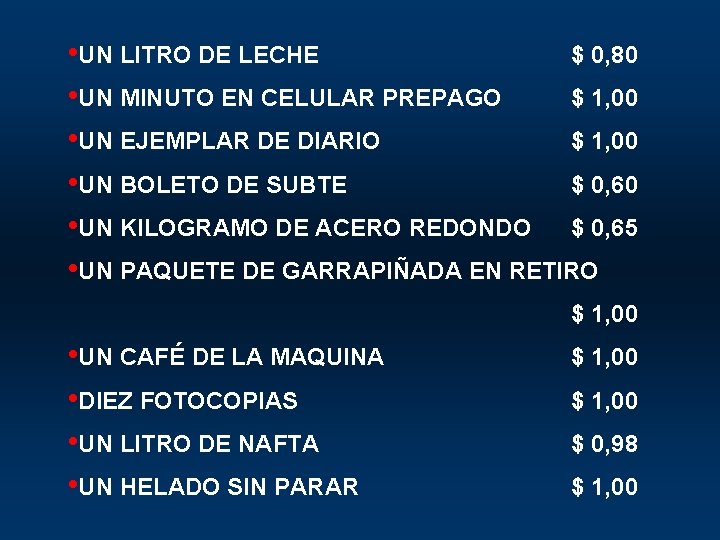  • UN LITRO DE LECHE $ 0, 80 • UN MINUTO EN CELULAR