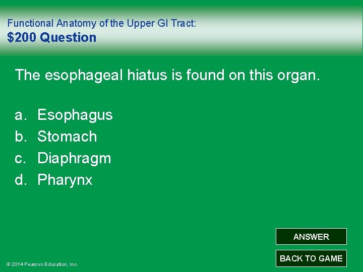 Functional Anatomy of the Upper GI Tract: $200 Question The esophageal hiatus is found