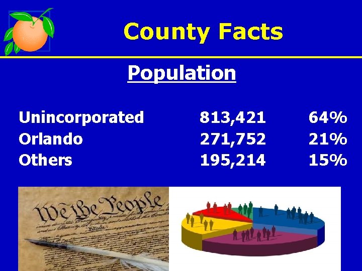 County Facts Population Unincorporated Orlando Others 813, 421 271, 752 195, 214 64% 21%