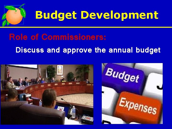 Budget Development Role of Commissioners: Discuss and approve the annual budget 