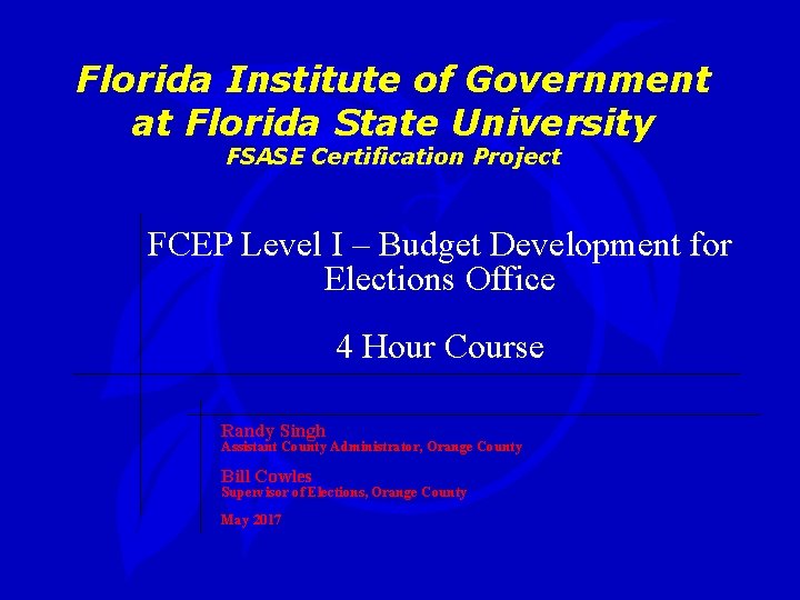 Florida Institute of Government at Florida State University FSASE Certification Project FCEP Level I