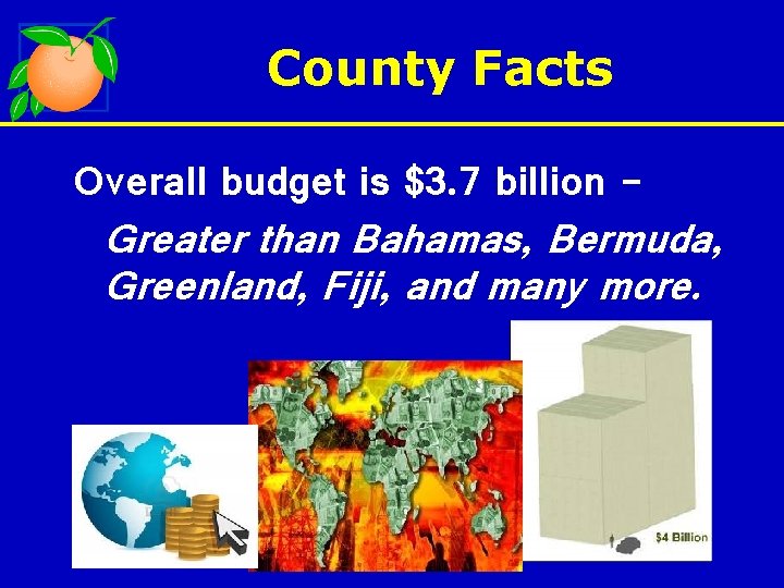 County Facts Overall budget is $3. 7 billion - Greater than Bahamas, Bermuda, Greenland,