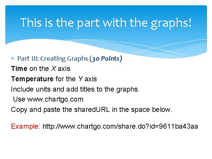 This is the part with the graphs! Part III: Creating Graphs (30 Points) Time