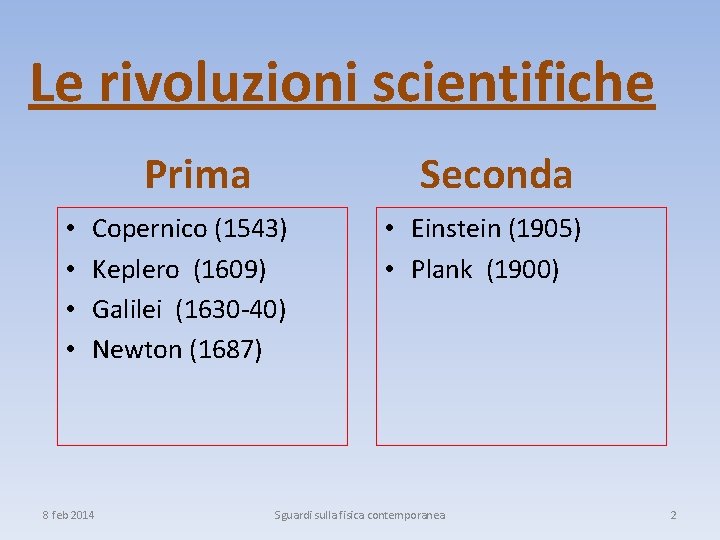 Le rivoluzioni scientifiche Prima • • Seconda Copernico (1543) Keplero (1609) Galilei (1630 -40)